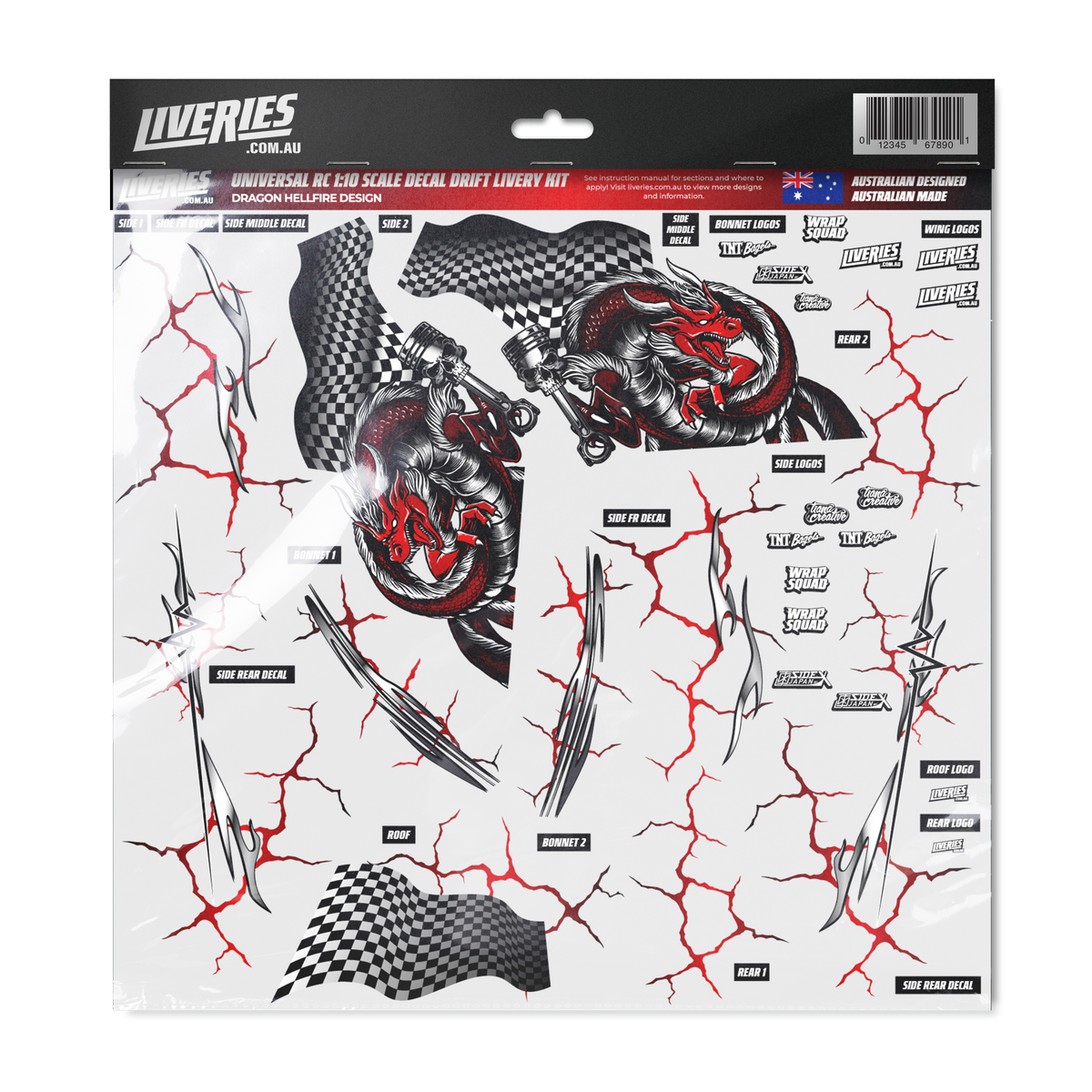 Dragon Hellfire - 1:10 Scale RC Drift Decal Sticker Kit | Inferno Red Samurai Graphics